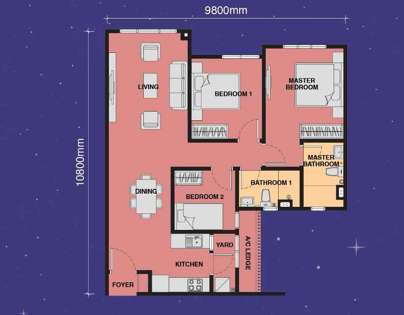 Exsim Johor_The Asteriaz @ Kebun Teh Johor _Layout Type B 915sqft (Non Balcony)