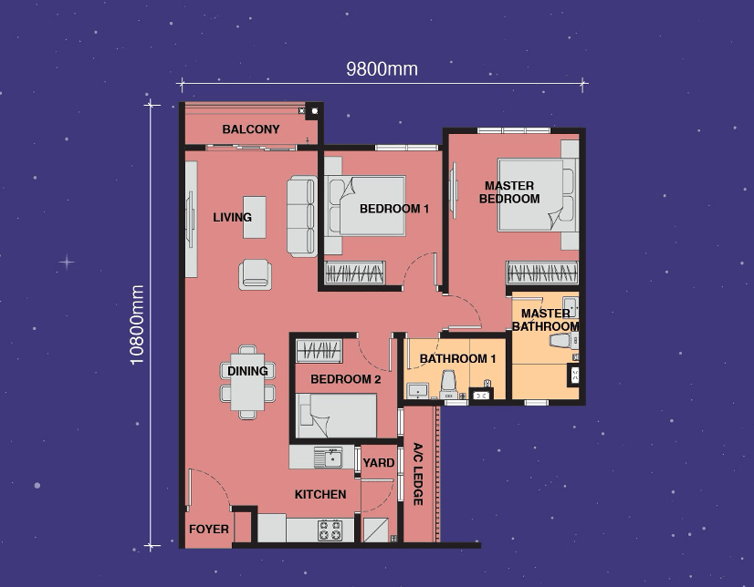 Exsim Johor_The Asteriaz @ Kebun Teh Johor _Layout Type B 915sqft （Balcony）