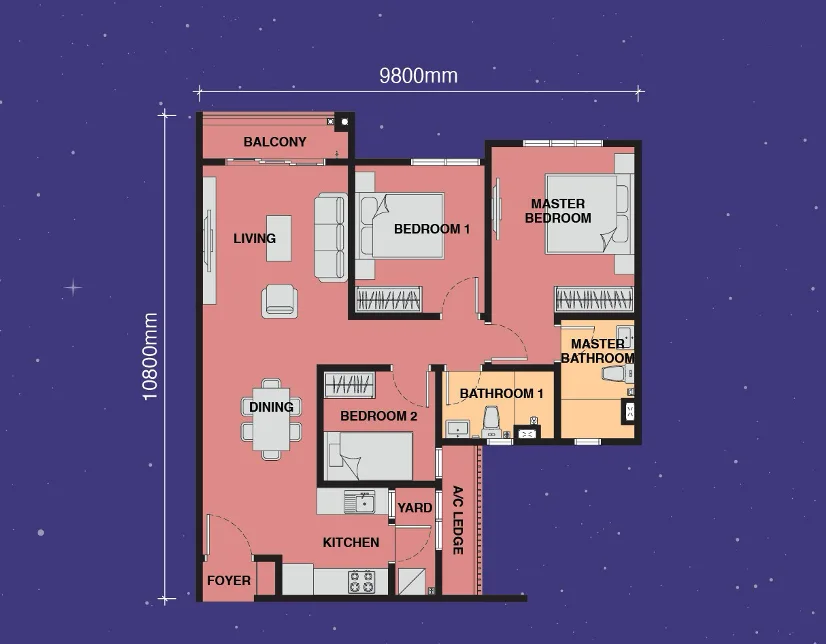 Exsim Johor_The Asteriaz @ Kebun Teh Johor _Layout Type B 915sqft （Balcony）